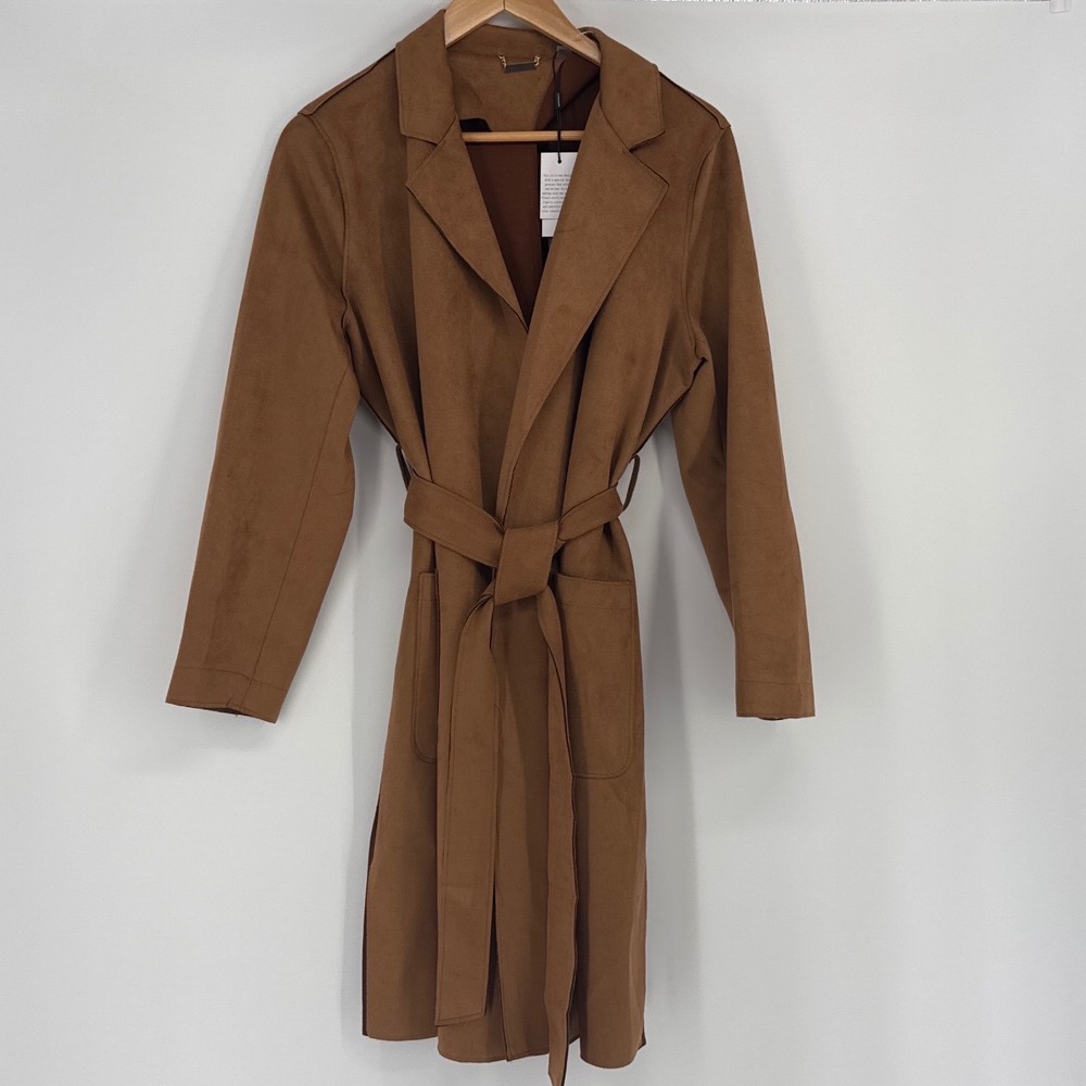 Tahari TH34203 Women Medium Walnut Faux Leather Suede Wrap Belted Coat NEW